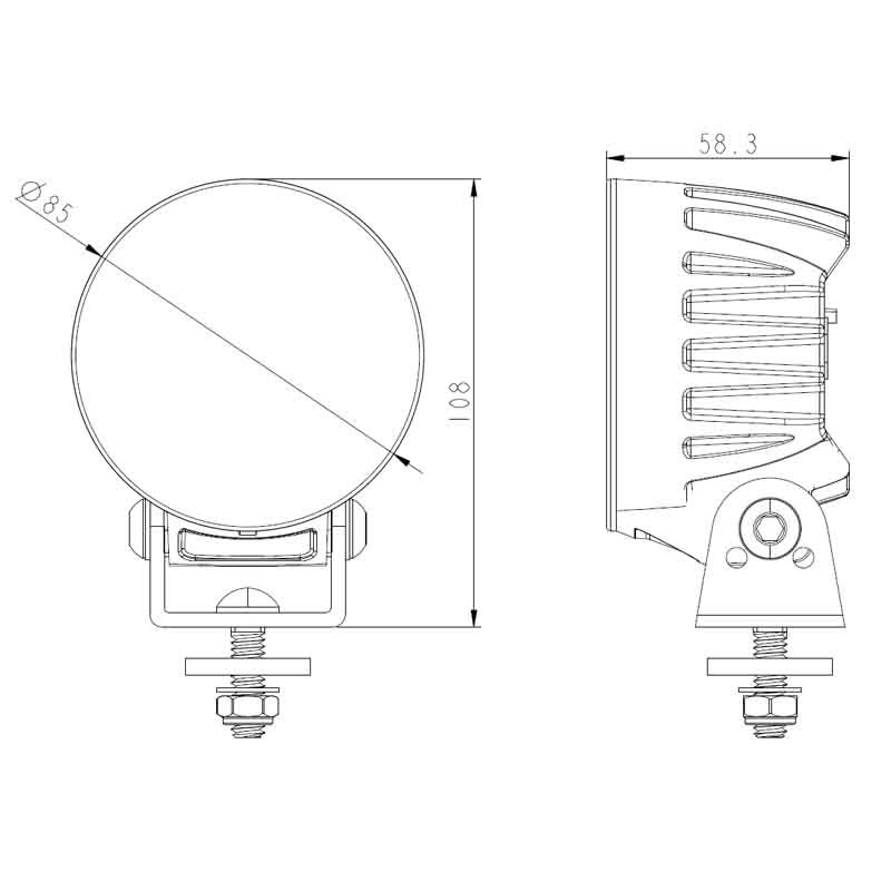 TRALERT WF-4038R round LED work light - dimension drawing