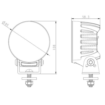 TRALERT WF-4038R round LED work light - dimension drawing