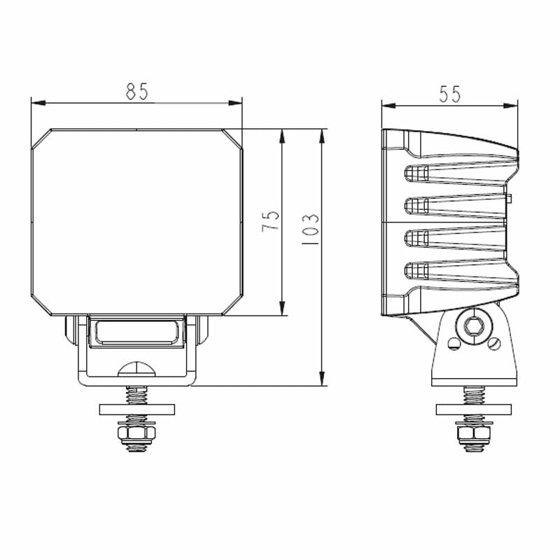 TRALERT WF-4038V square LED work light - dimension drawing