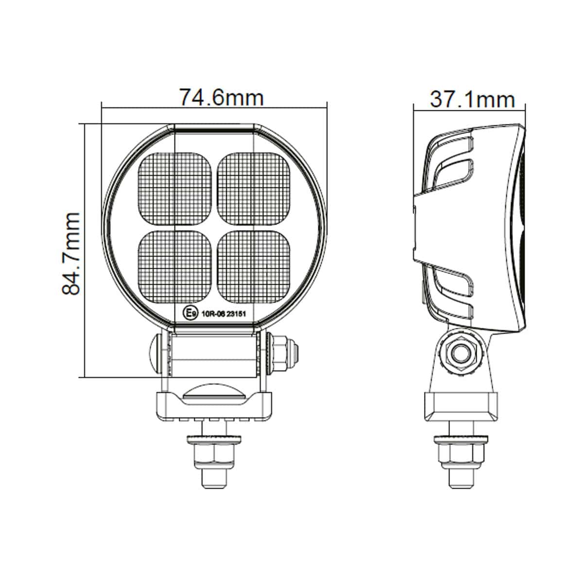 TRALERT WR-1829R round LED work and reverse light - dimension drawing