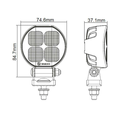 TRALERT WR-1829R round LED work and reverse light - dimension drawing