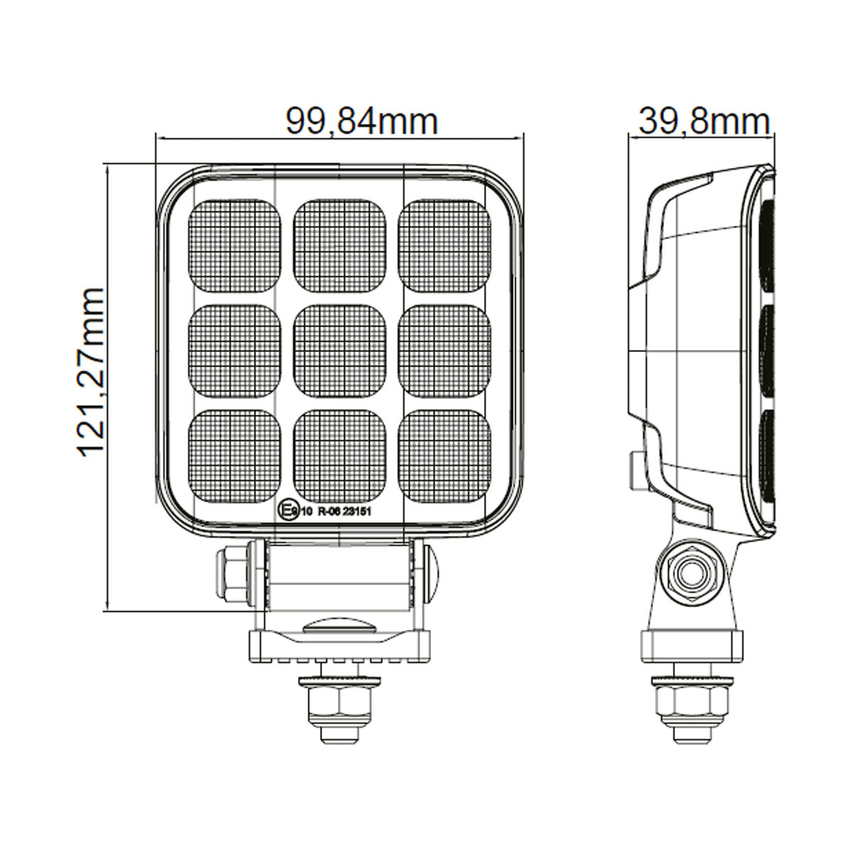 TRALERT WR-4065V square LED work light - dimension drawing